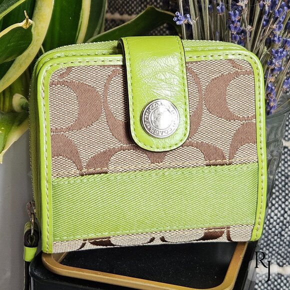 Coach Signature C Bi-Fold Wallet – Brown/Kaki Canvas & Green Leather - Picture 1 of 16